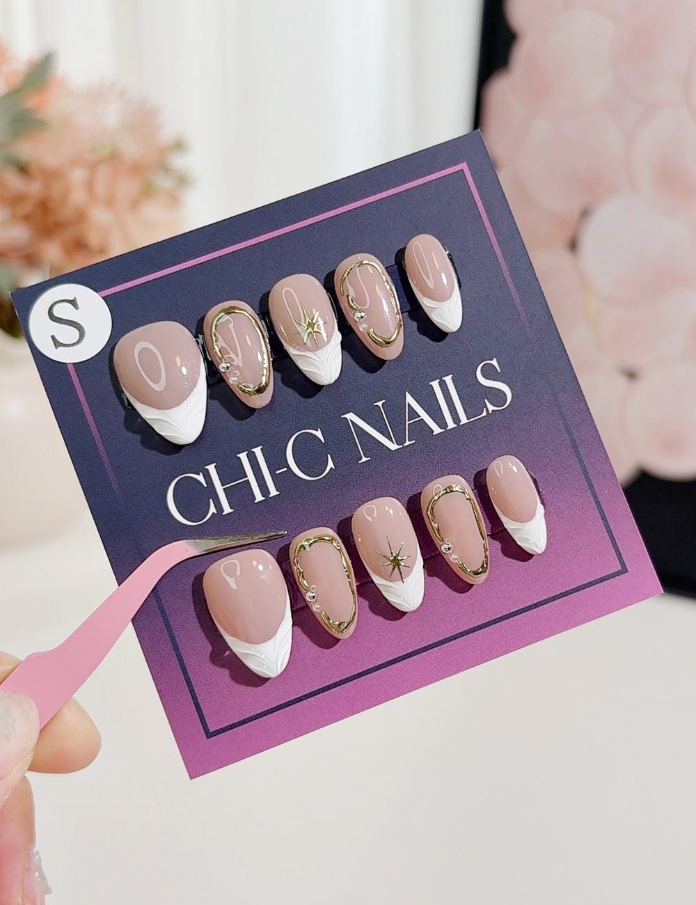 Golden Frame Press-On Nails – Nude French with White Tips & Star Accents