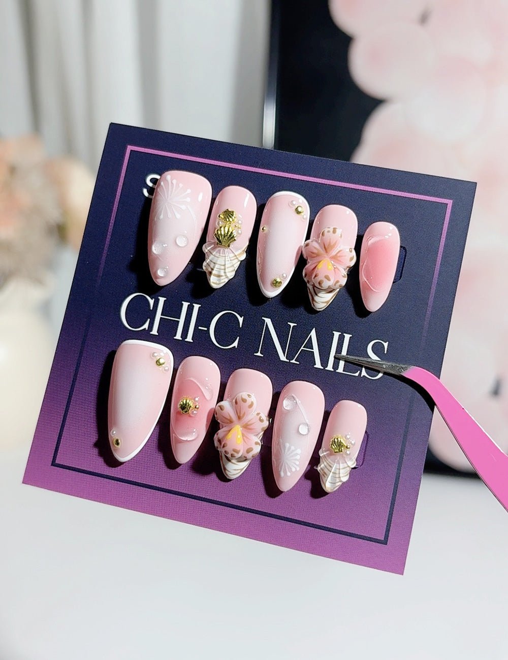 Pink Shell Bloom 3D Press-On Nails – Sweet Almond Set