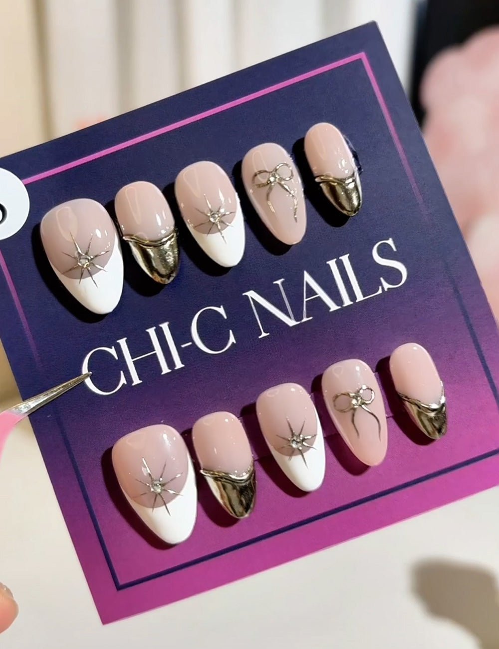 Starlit Ribbon Press-On Nails – Pink Nude, White Tips & Metallic Accents