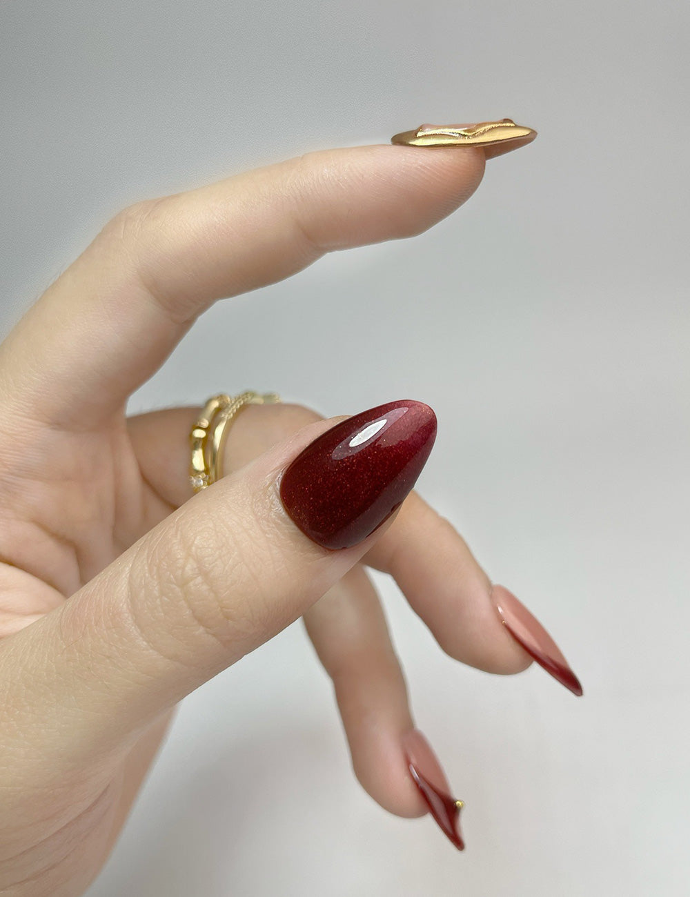 Crimson Charm Press-On Nails – Deep Red & Gold Accent Elegance