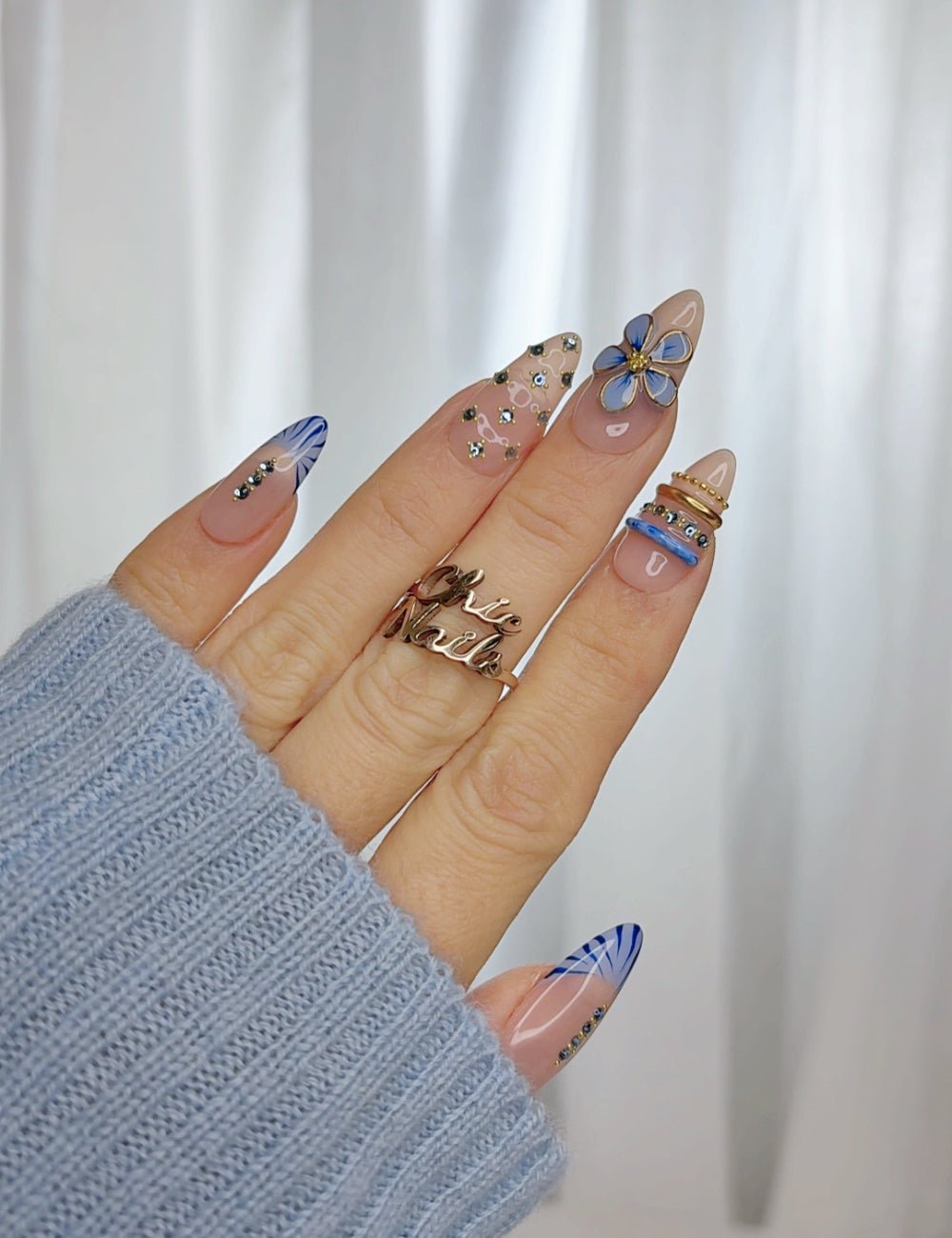 Blue Blossom French Press-On Nails | Nude Floral Almond Nail Set