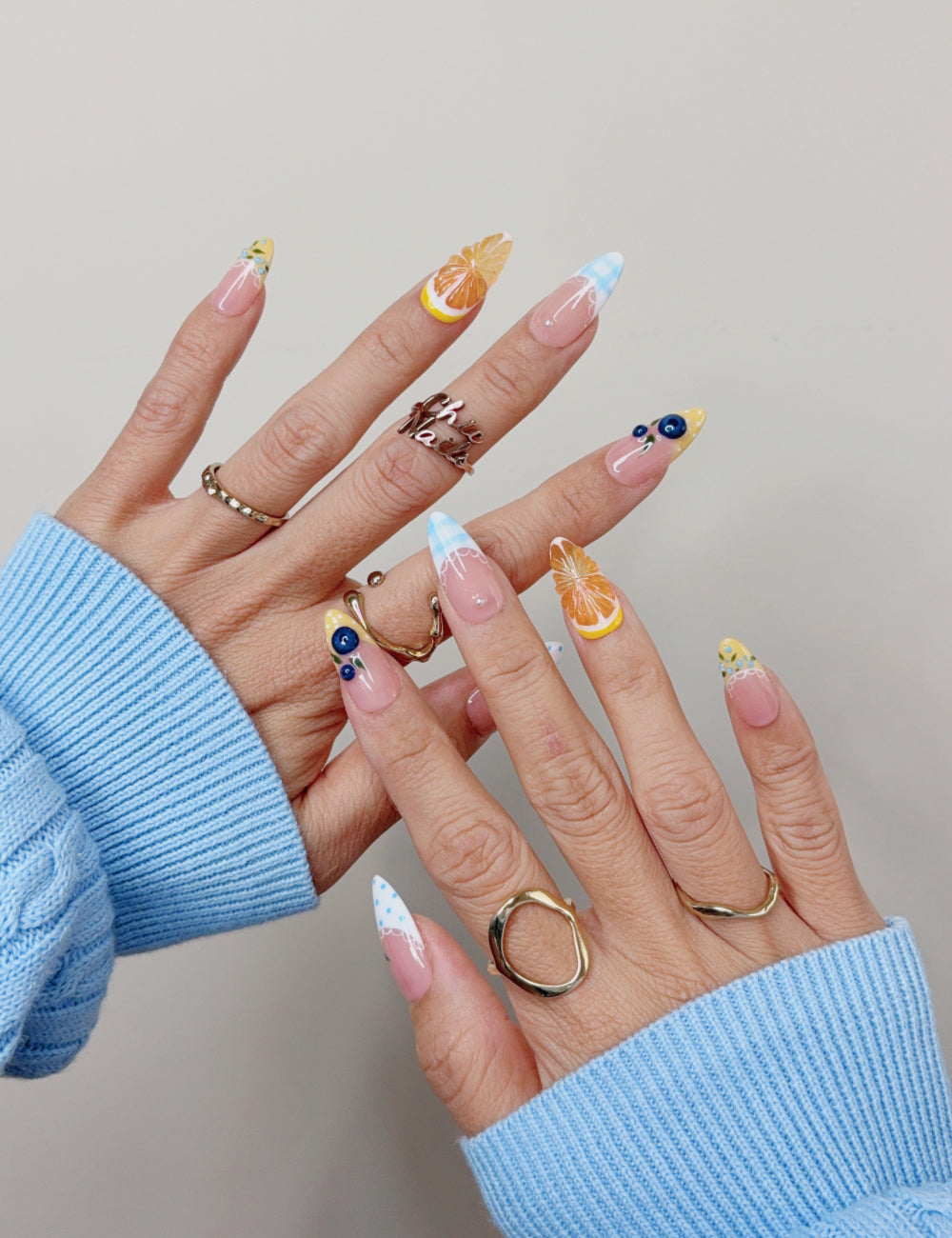 Orange & Blueberry Fruit Medium Almond Press On Nails