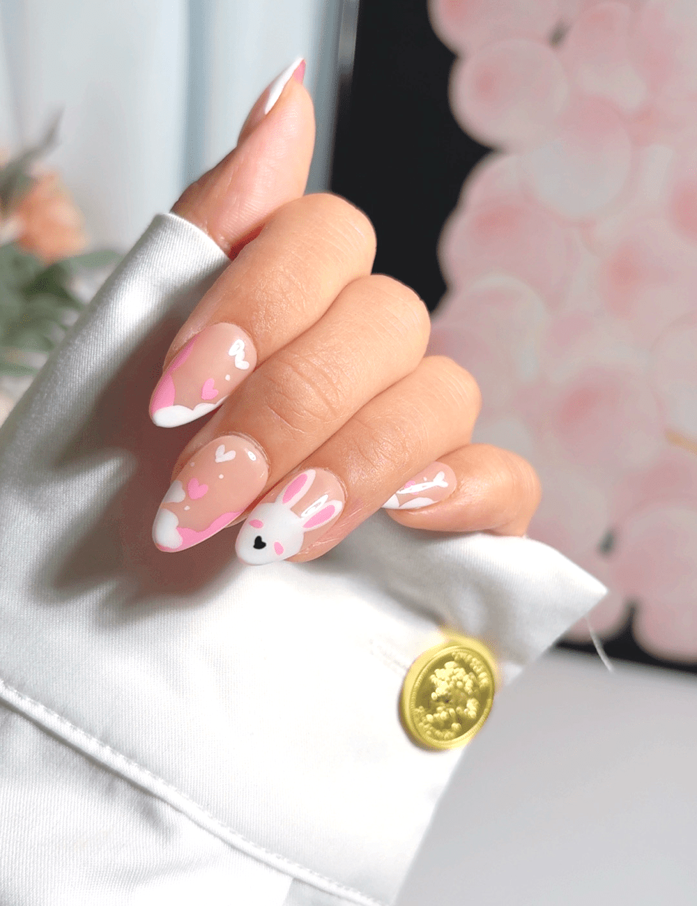 Sweet Pink Bunny & Heart Press On Nails | Kawaii Almond Edition