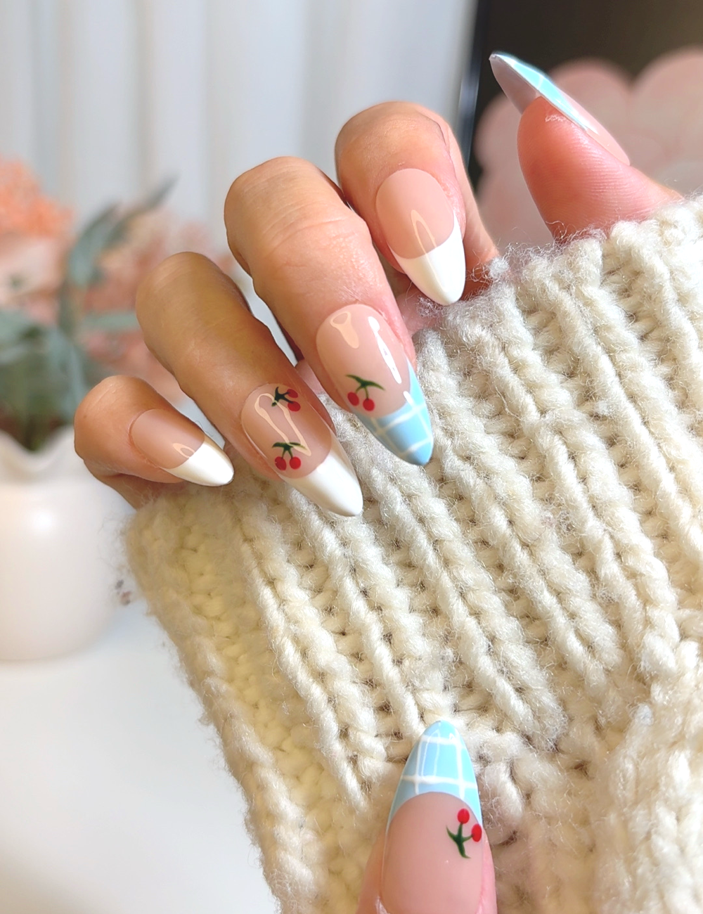 Cherry French & Gingham Tips – Medium Almond