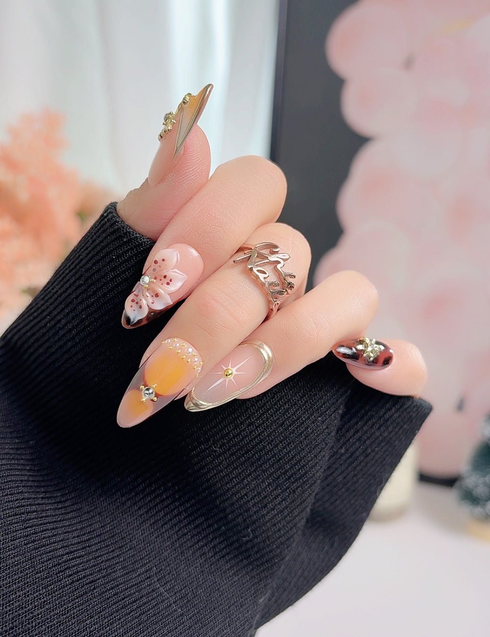 Floral Press On Nails with Glue, Medium Almond, Handmade 3D Flower Nails, Gold Detail Artistic Nails