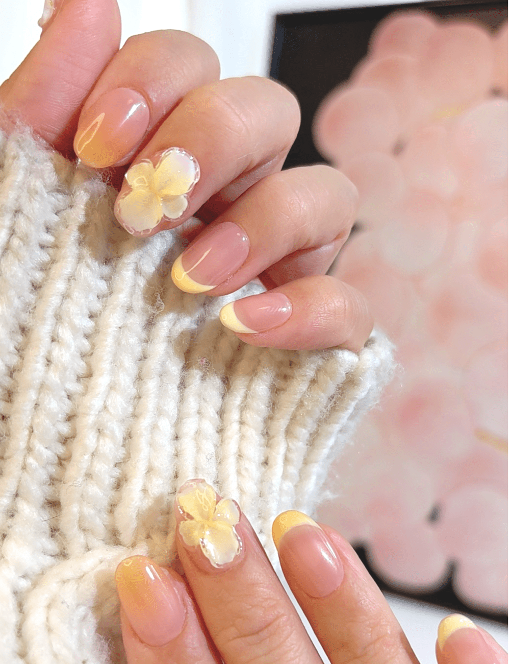 Yellow French Flower Press-On Nails – Short Oval | 3D Summer Floral Design