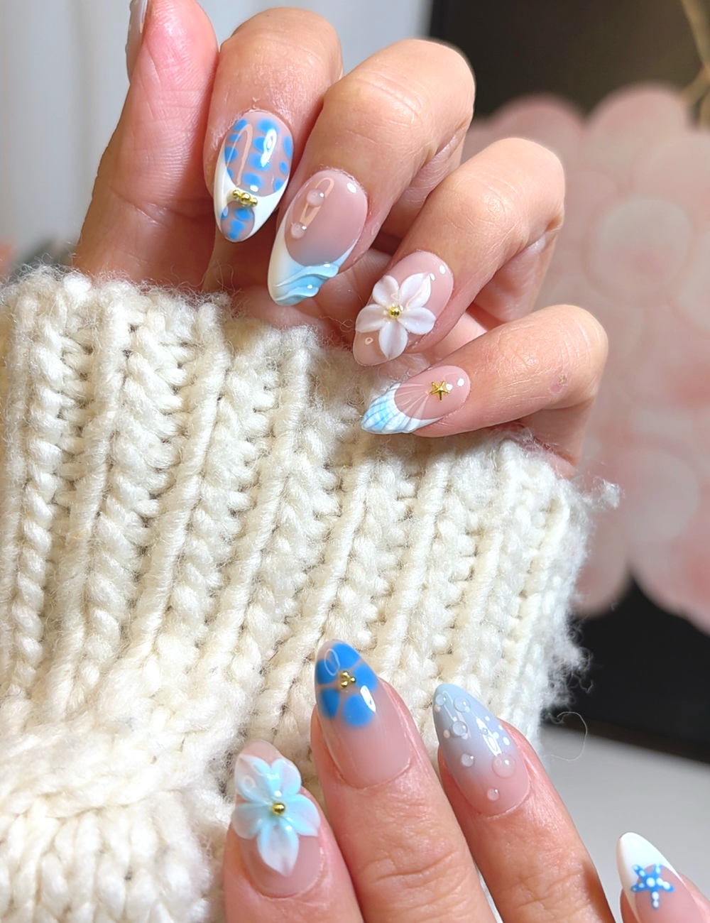 Blue Breeze & 3D Florals – Short Almond