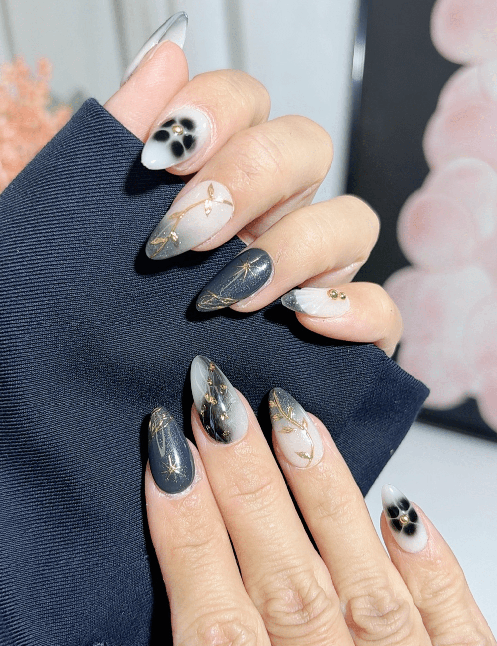 Midnight Bloom Gold Line Press On Nails