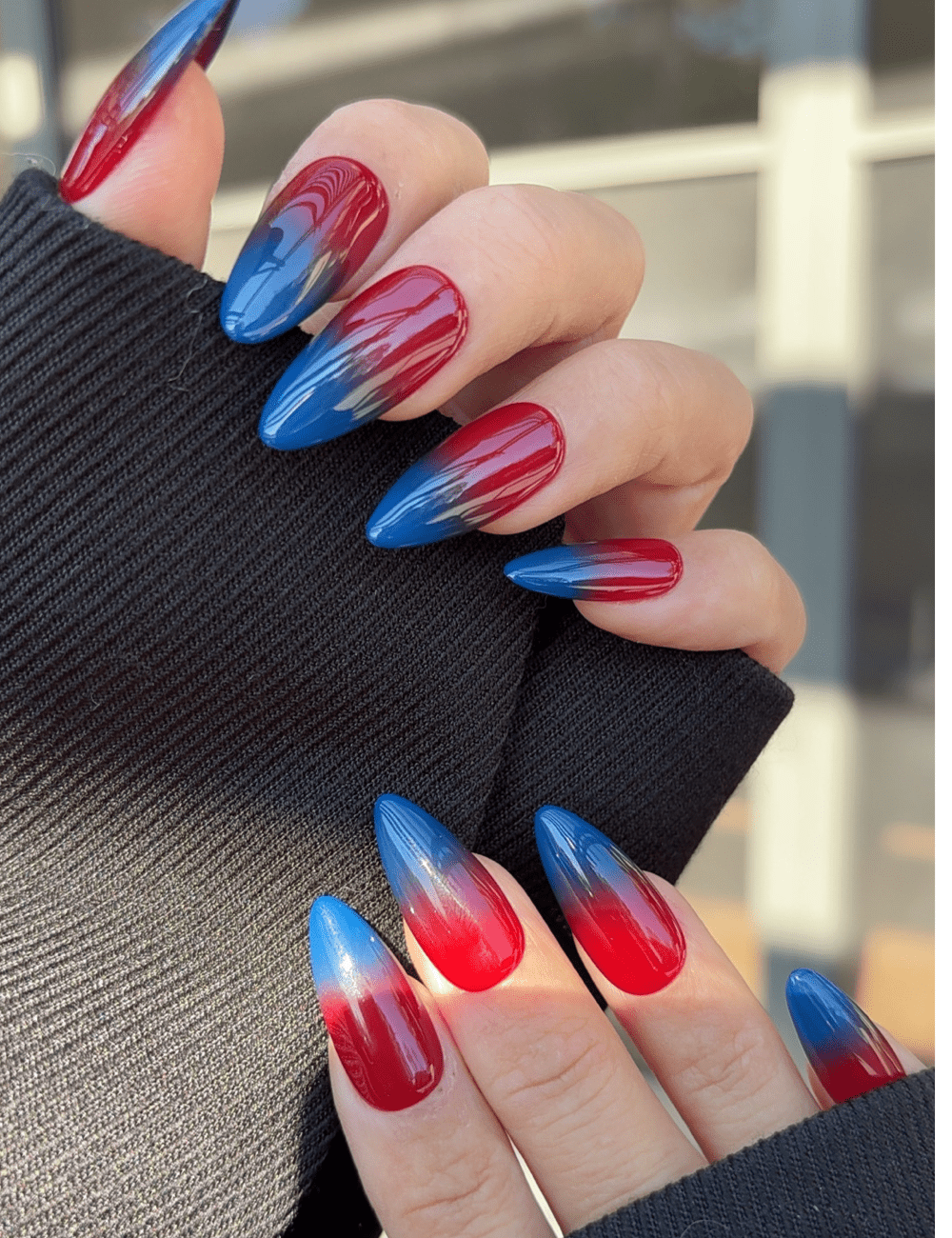 Medium Red to Blue Ombré Press-On Nails – Bold Gradient Almond Design