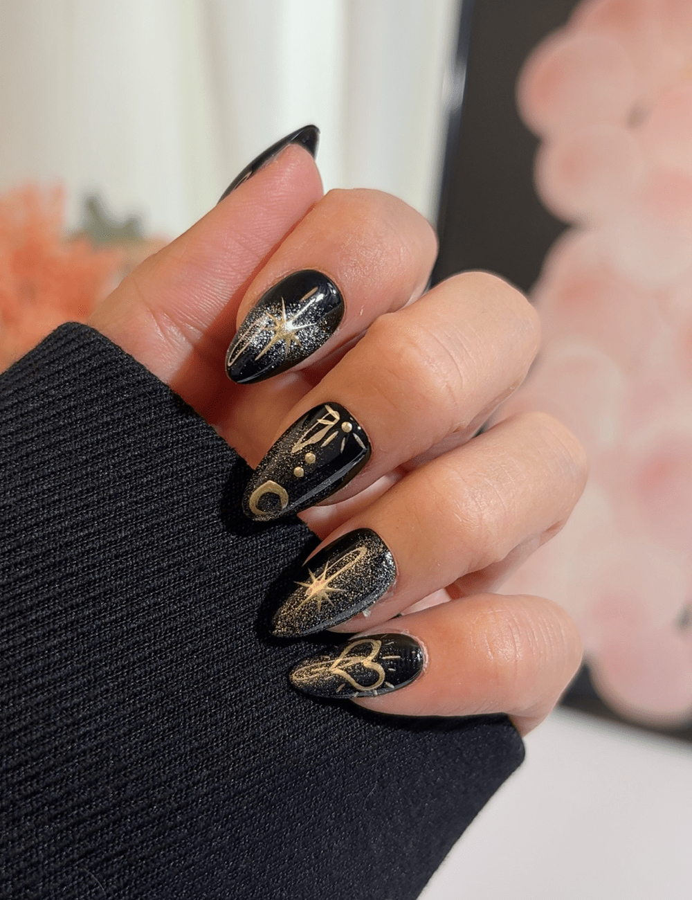 Celestial Star   Moon Press-On Nails – Short Almond | Black  Gold Cosmic Design