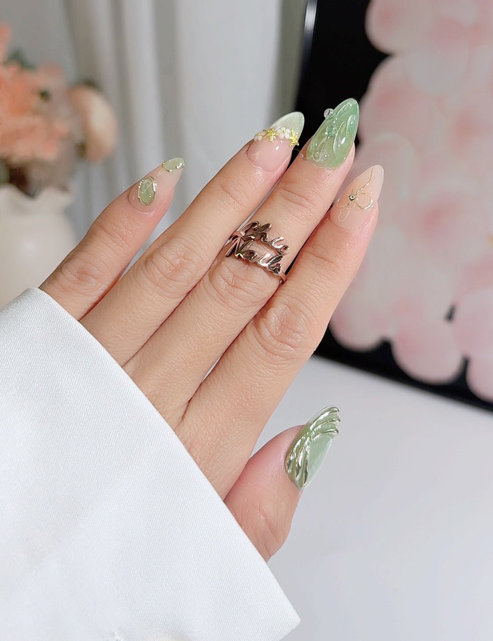 Handmade Press On Nails Sage Green Floral 3D Design Reusable Fake Nails CHICNAILS