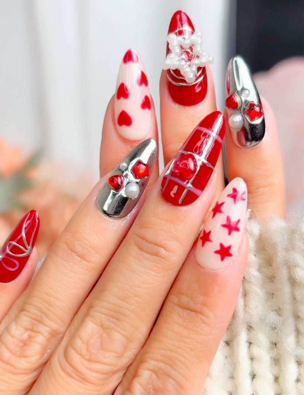 Red & Chrome Heart Press-On Nails 3050