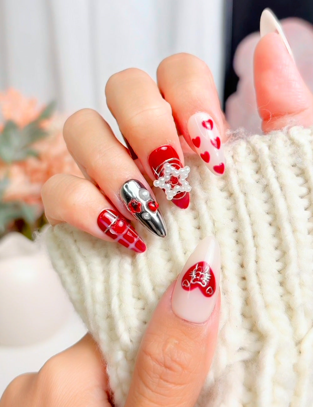 Red & Chrome Heart Press-On Nails 3050