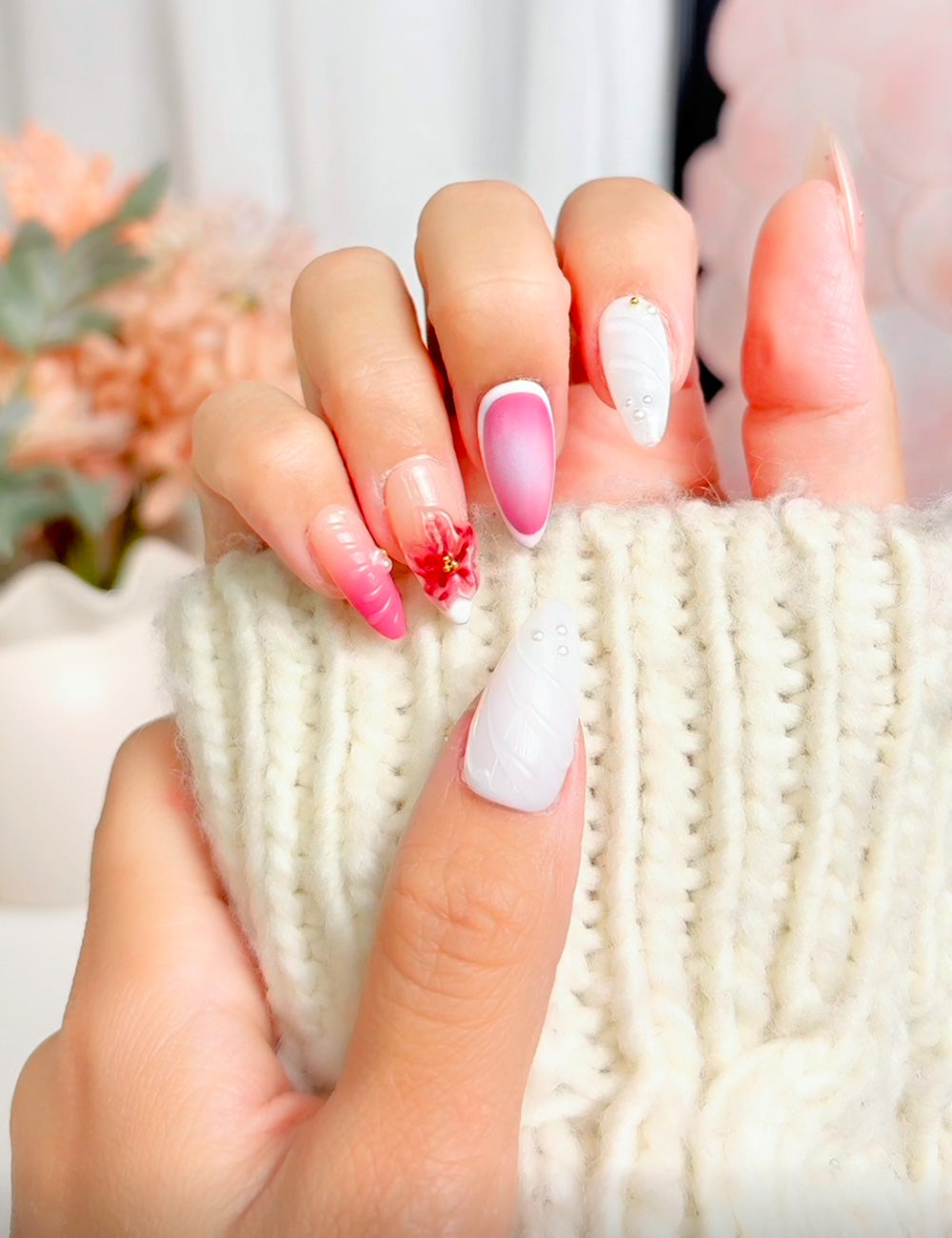Pink 3D Floral Press-On Nails 3060