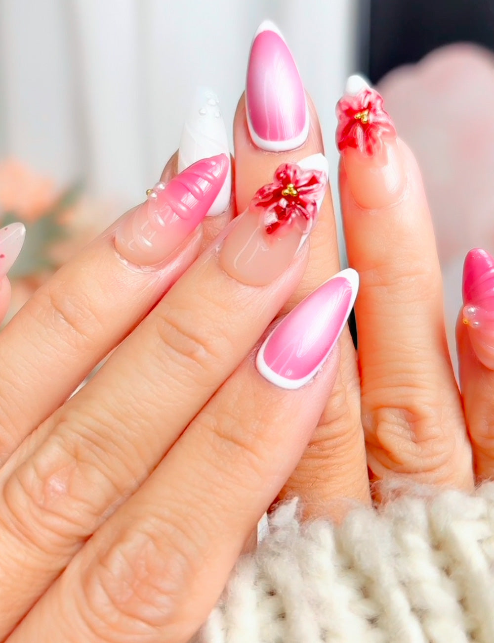 Pink 3D Floral Press-On Nails 3060