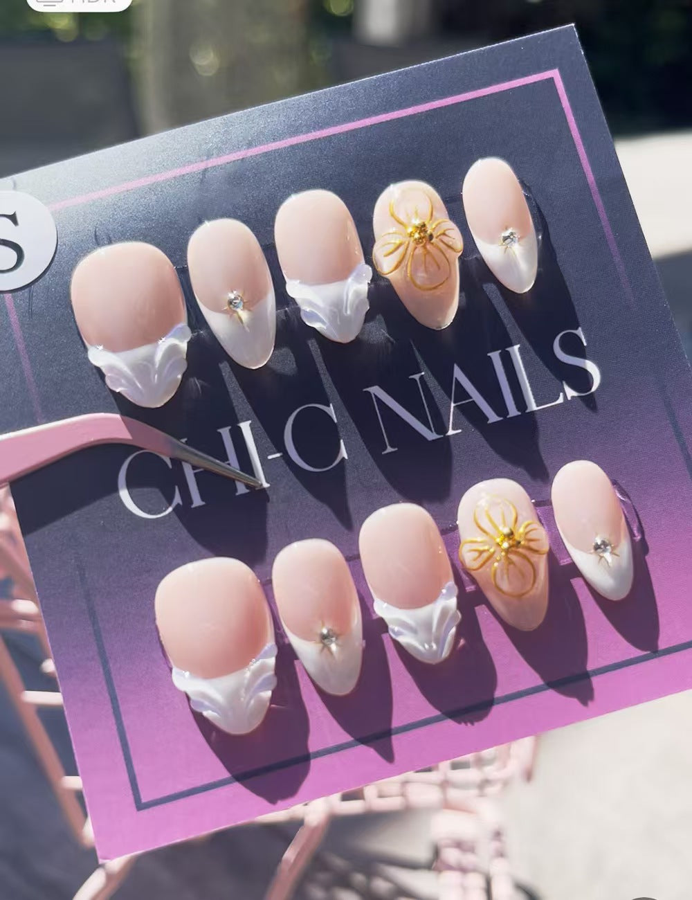 Golden Bloom – 3D French Press-On Nails with Gold Floral Accent | Soft Nude Almond Set