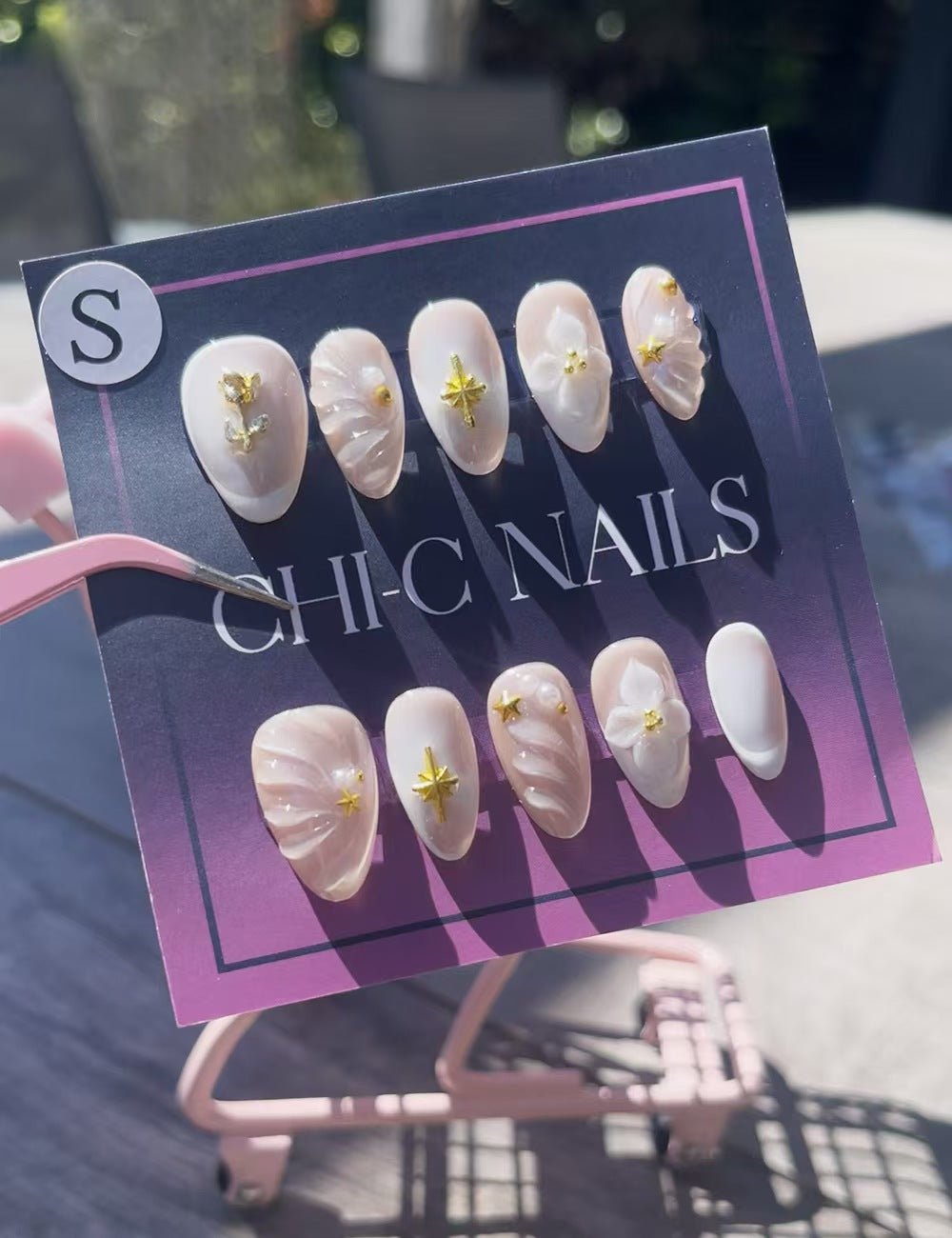Starlight Shells – 3D Pearl White Press-On Nails | Short Almond Nail Set for Autumn