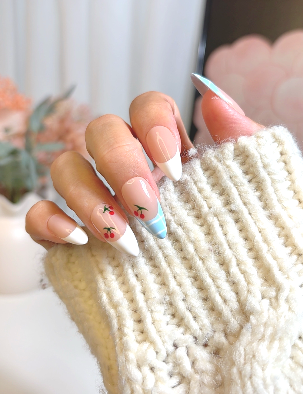 Cherry French & Gingham Tips – Medium Almond