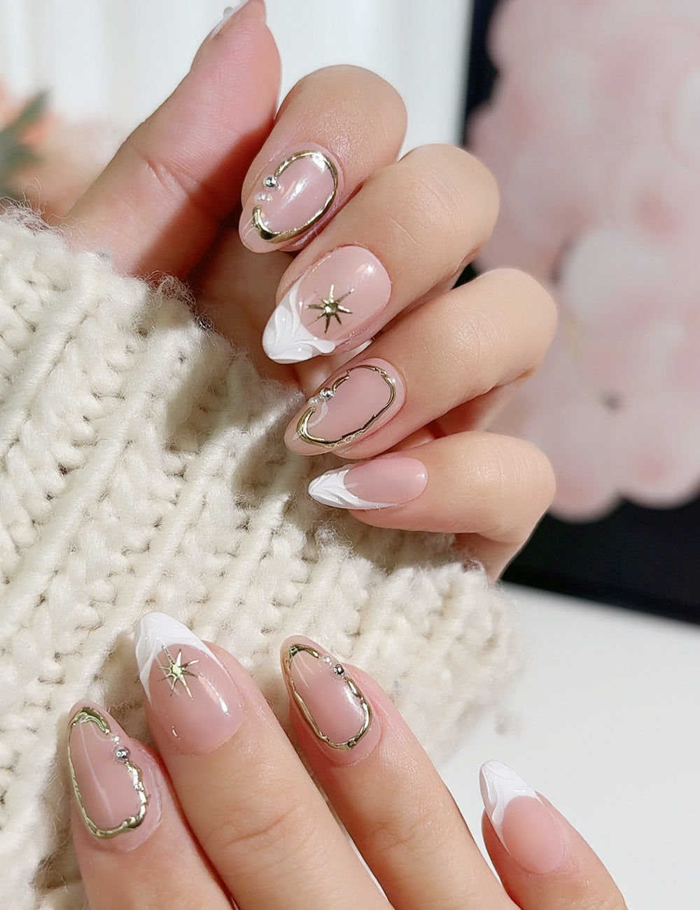 Golden Frame Press-On Nails – Nude French with White Tips & Star Accents