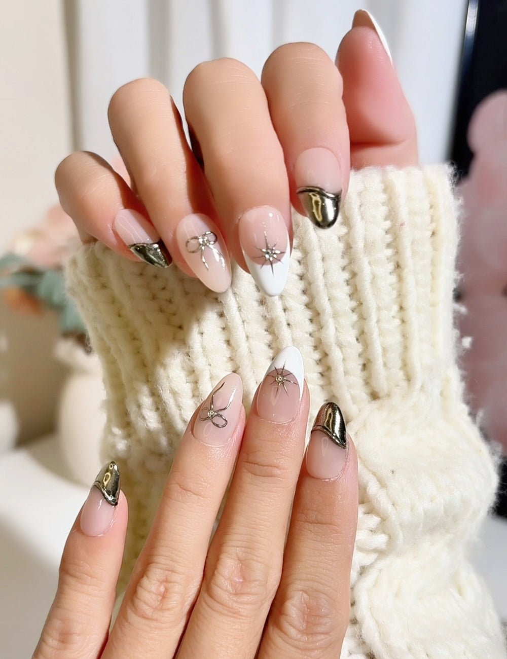 Starlit Ribbon Press-On Nails – Pink Nude, White Tips & Metallic Accents