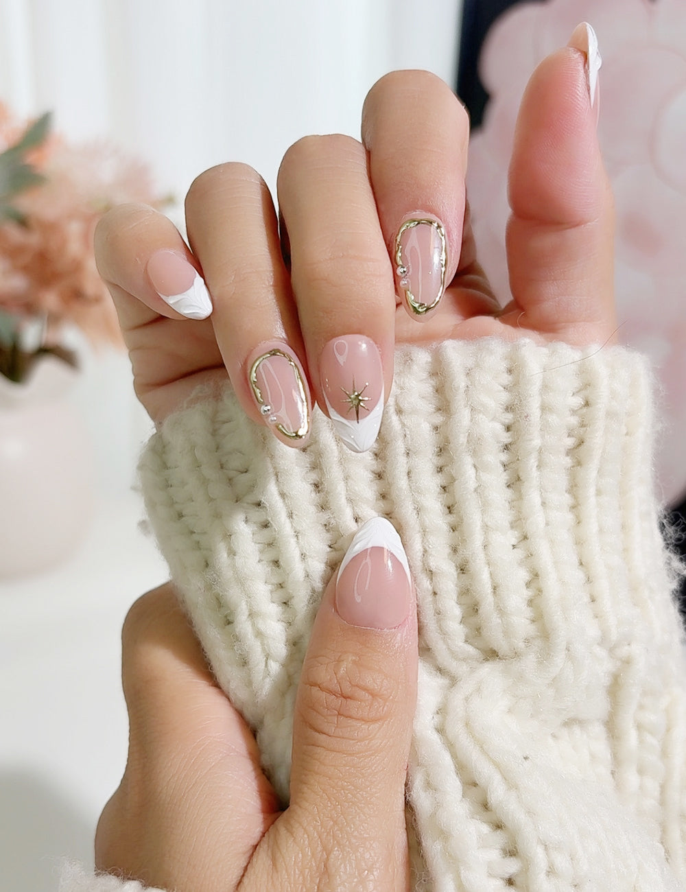 Golden Frame Press-On Nails – Nude French with White Tips & Star Accents