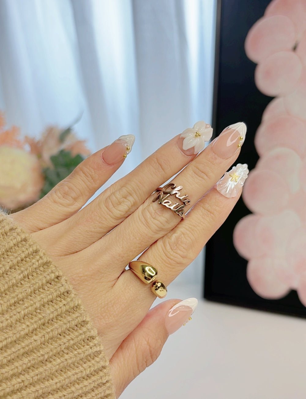 Handmade White French Pearl 3D Floral Short Almond Press-On Nails