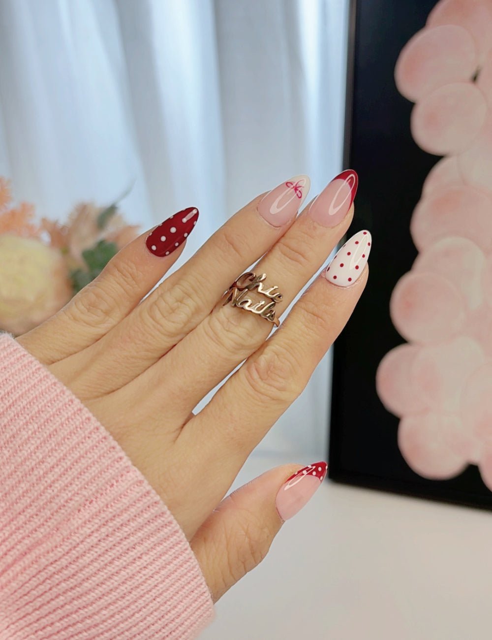 Handmade Red French Polka Dot Bow Short Almond Press-On Nails