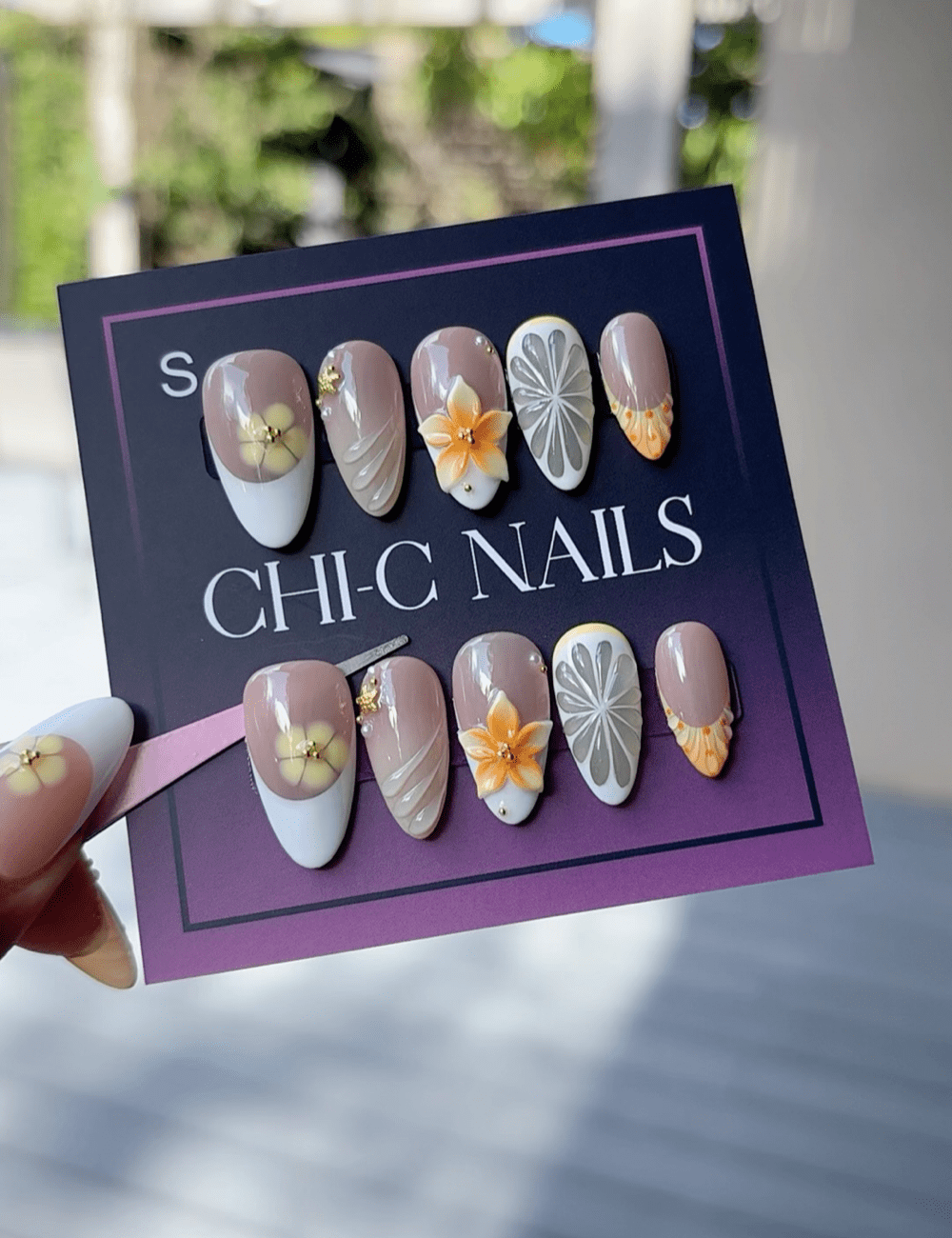 Citrus Blossom Press-On Nails – 3D Orange Flower & Lemon Slice Design