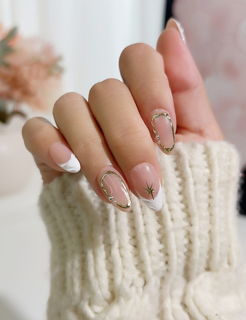 Golden Frame Press-On Nails – Nude French with White Tips & Star Accents