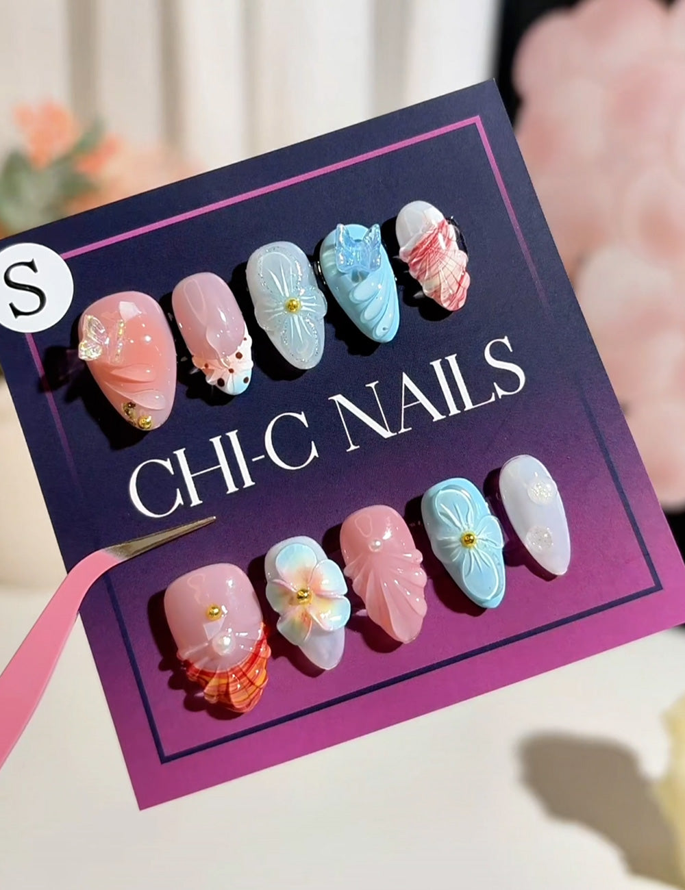 Dream Garden Nail Set – 3D Butterfly, Flowers & Shell Combo (10-Piece)