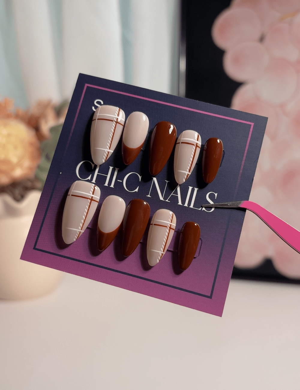 Caramel Mocha Plaid Press On Nails | Classic Almond Autumn Edition