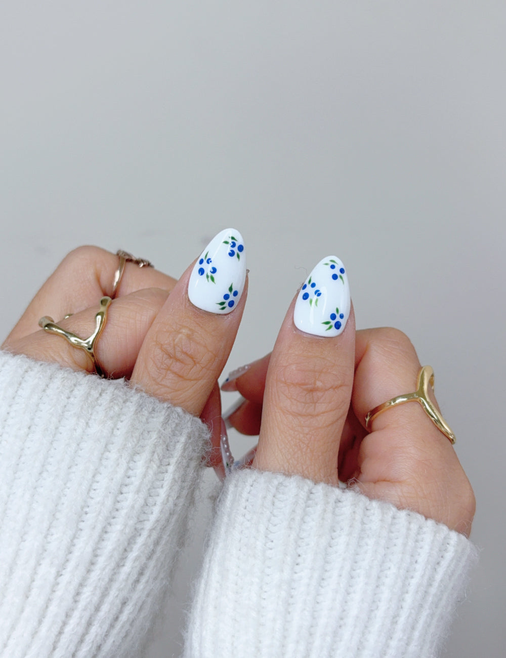 Blue Floral French Short Almond Press On Nails