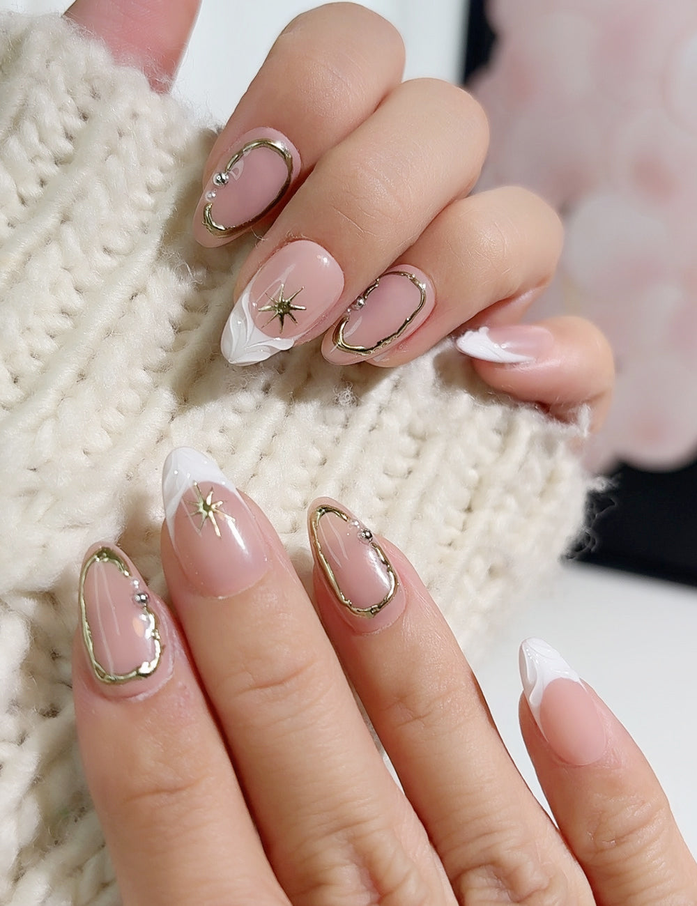 Golden Frame Press-On Nails – Nude French with White Tips & Star Accents