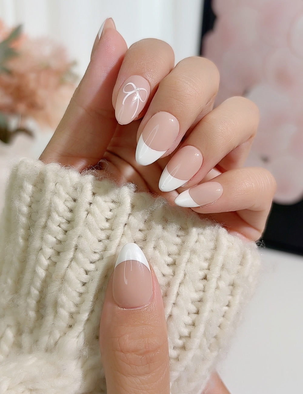 Simple Bow Press-On Nails – Classic Nude & White with Ribbon Accent