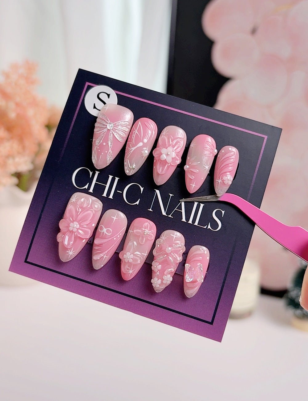 Pink Floral Press On Nails with Glue, Medium Almond, Handmade 3D Flower Nails, Soft Gradient Artistic Nails