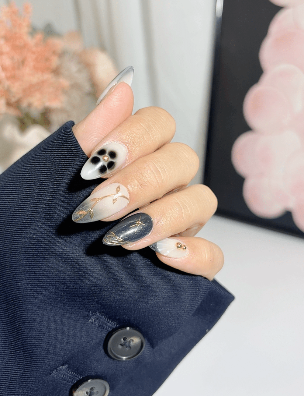 Midnight Bloom Gold Line Press On Nails