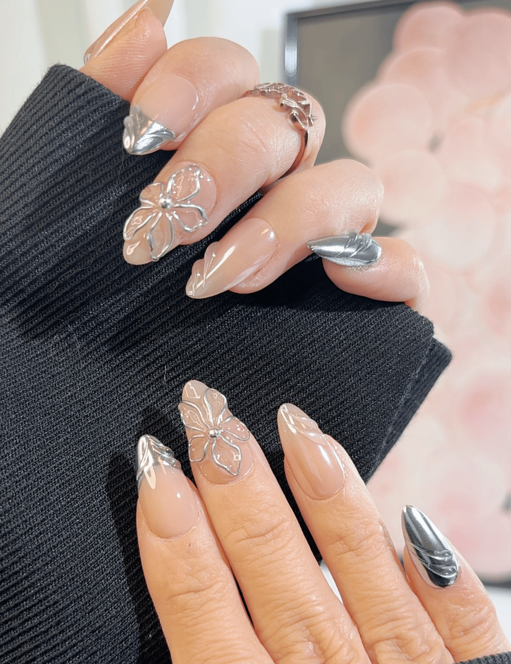 Silver 3D Floral Chrome Press-On Nails – Medium Almond