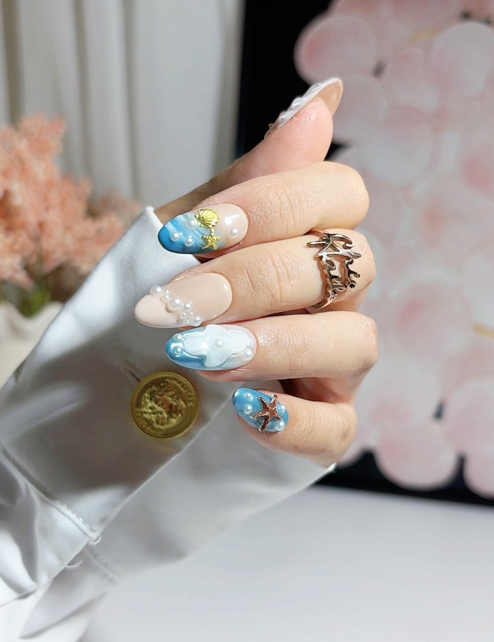 Ocean Pearl 3D Shell Press-On Nails – Blue Almond Set