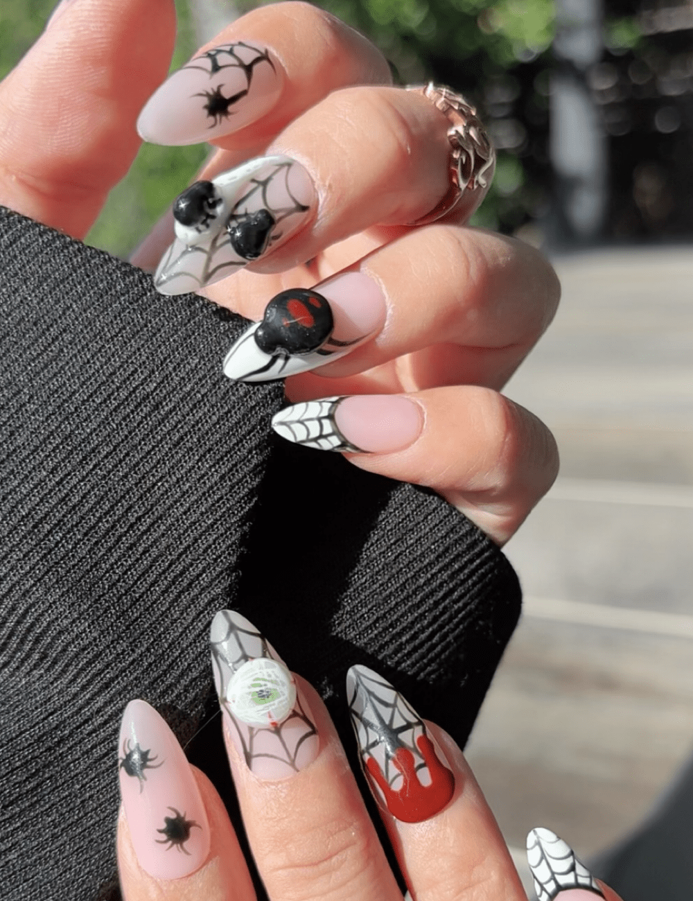 Halloween Spider Web Press-On Nails – Medium Almond with 3D Spiders & Blood Drip