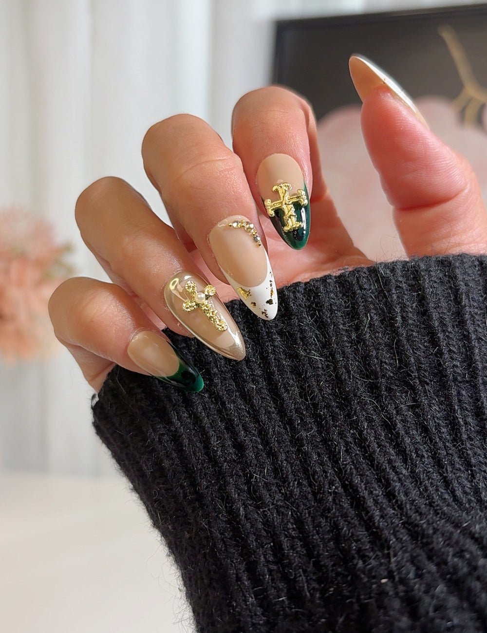 Divine Luxe – Green & Gold Cross Press-On Nails with Foil Tips (Medium Almond)