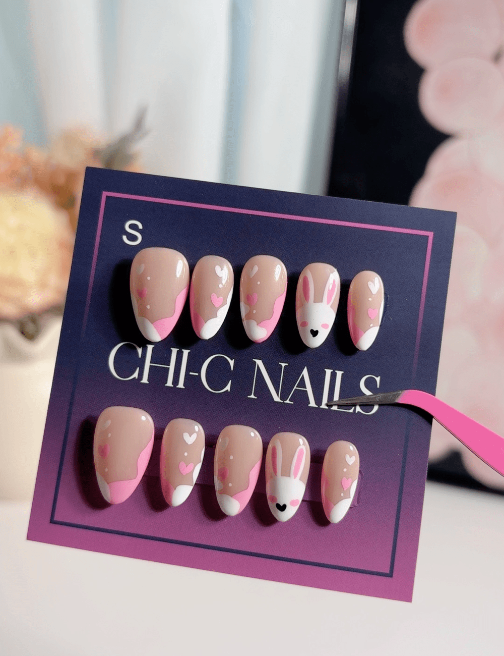 Sweet Pink Bunny & Heart Press On Nails | Kawaii Almond Edition