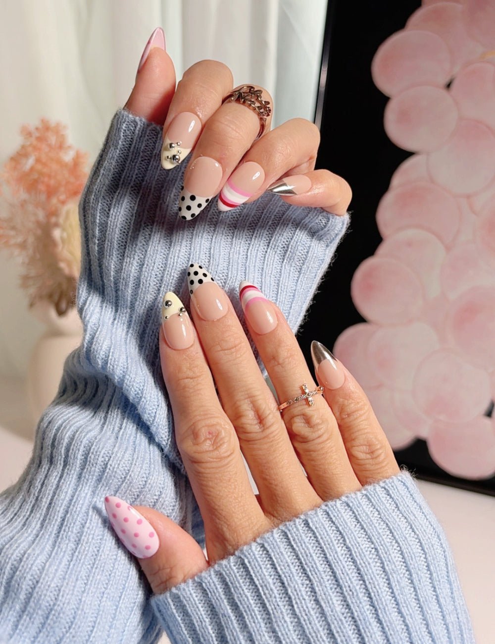 Modern Mix French Press-On Nails - Polka Dot & Chrome Silver Art - Medium Almond