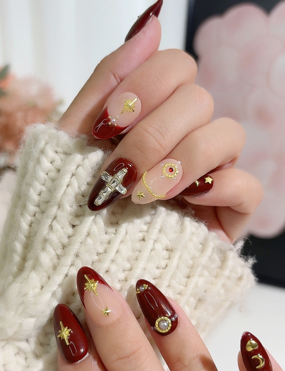 Midnight Muse Press-On Nails – Burgundy Red with Cross, Stars & Moon