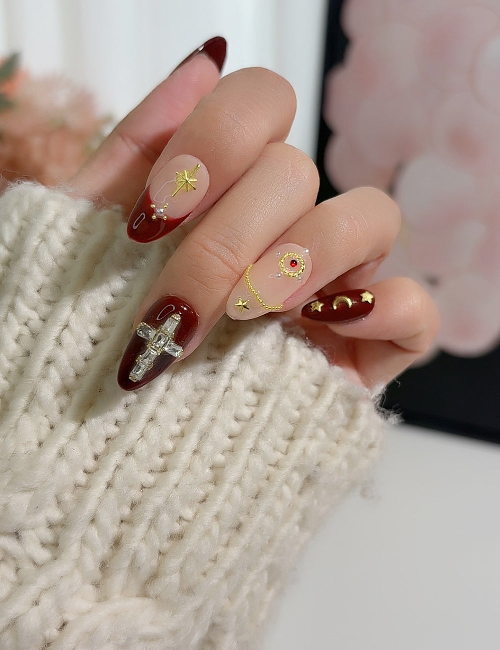 Midnight Muse Press-On Nails – Burgundy Red with Cross, Stars & Moon