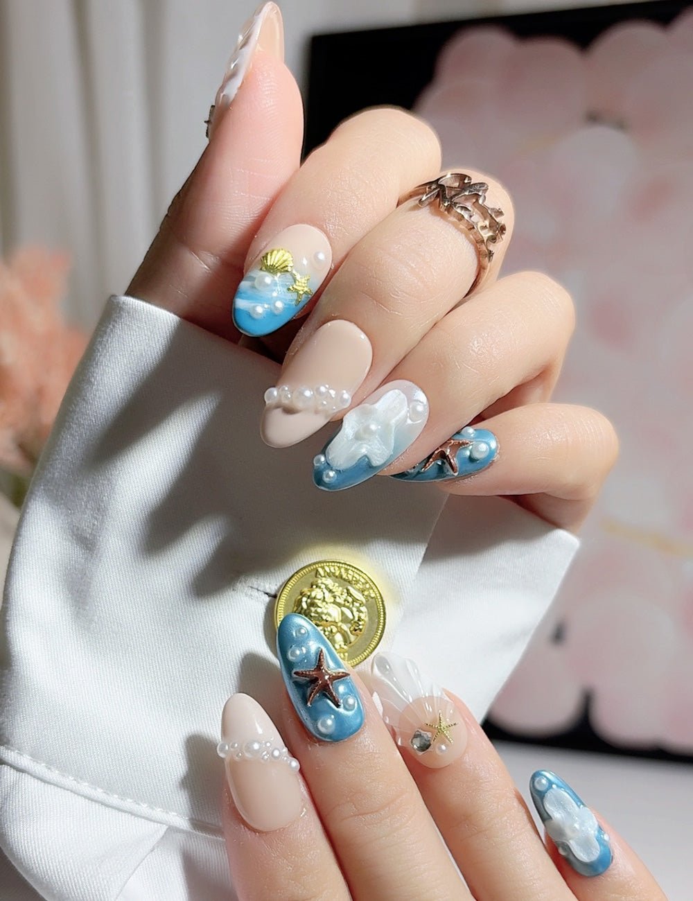 Ocean Pearl 3D Shell Press-On Nails – Blue Almond Set