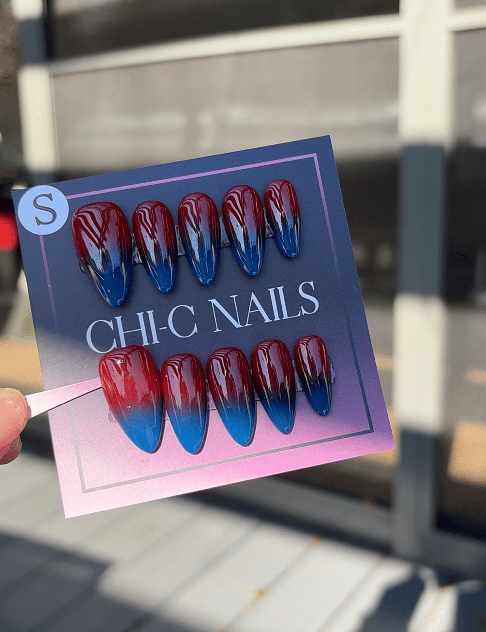 Medium Red to Blue Ombré Press-On Nails – Bold Gradient Almond Design