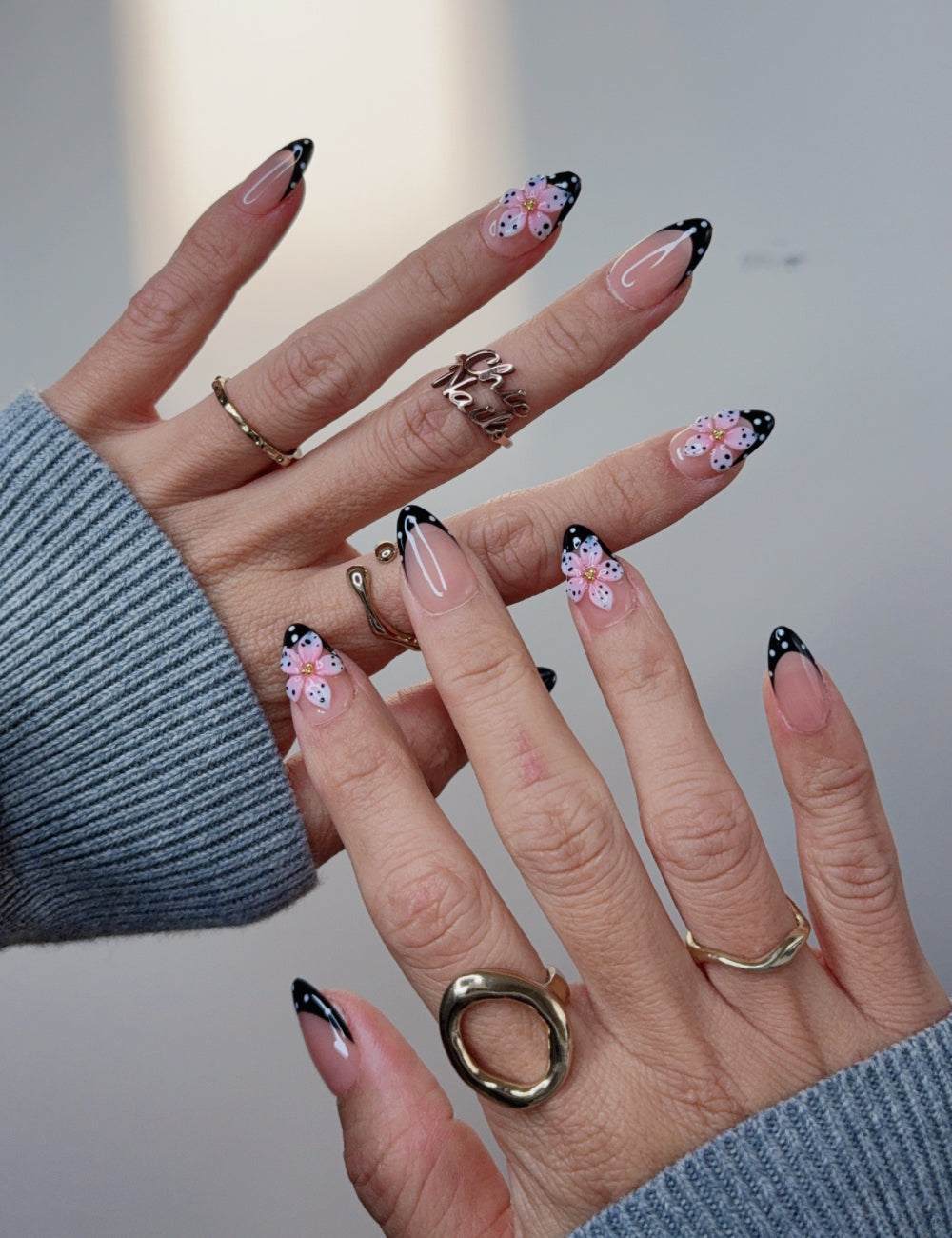 Pink Floral Black French Short Almond Press On Nails