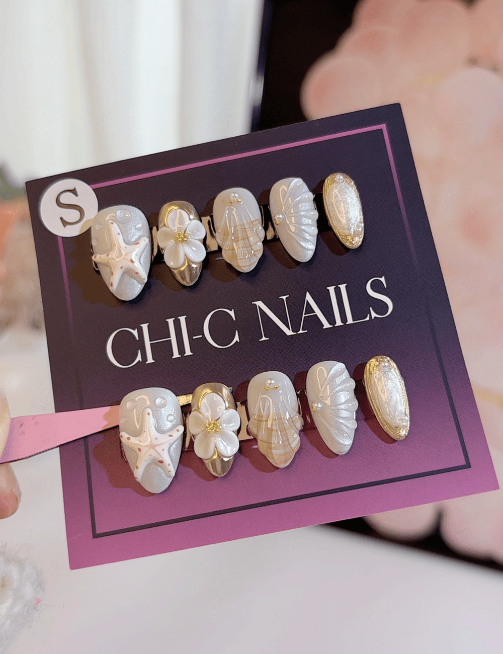 3D Floral Shell Press-On Nails – Short Almond | White & Gold Bridal Design