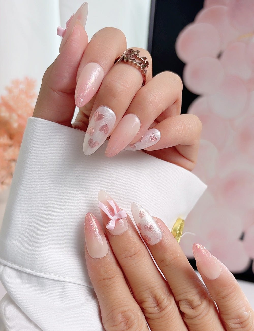 Pink Heart Press-On Nails | Short Almond Romantic Handmade Set