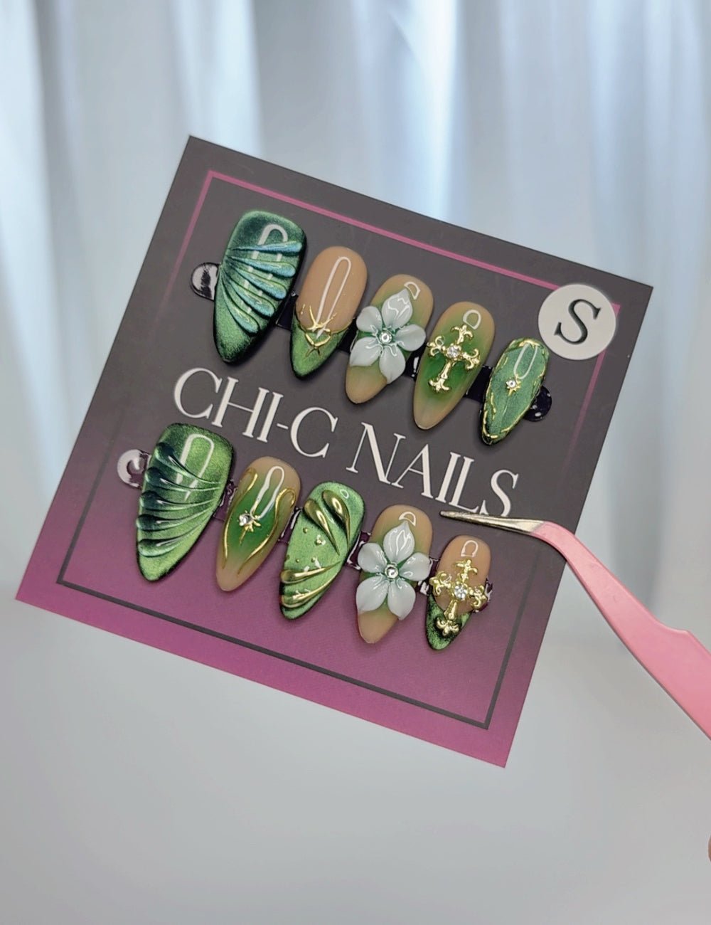 Forest Bloom Cross Press-On Nails | Green Marble Floral Nail Set
